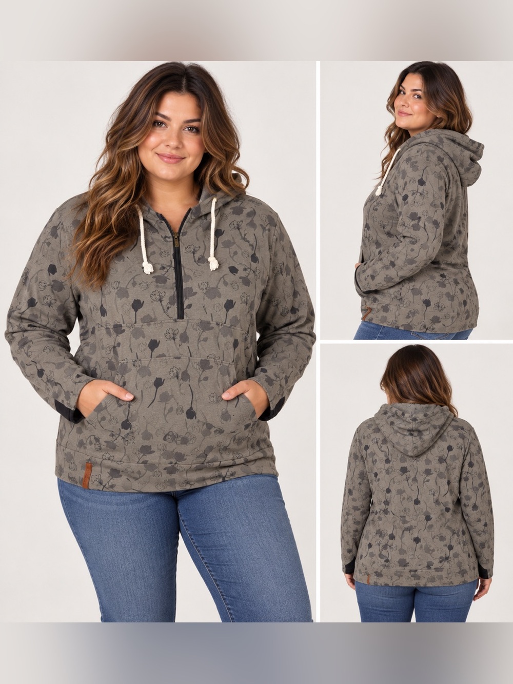 Ampersand Avenue Floral Half Zip Pullover Hoodie XXL Gray